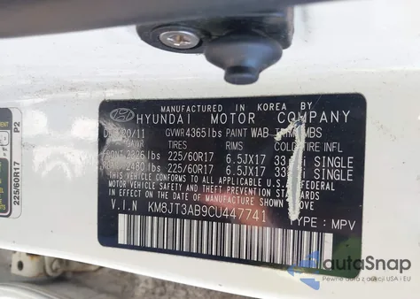 2012 Hyundai Tucson Gl z USA, uszkodzony, nr VIN KM8JT3AB9CU447741